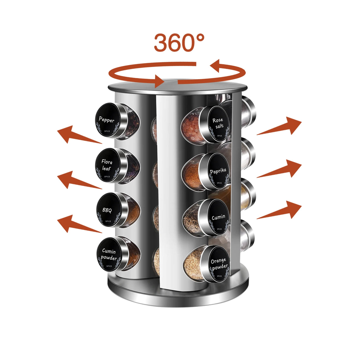 360° Rotating Stainless Steel Spice Carousel with 16 Round Glass Jars – Compact Freestanding Spice Rack with Labels & Funnel – Great for Worktops & Cupboards