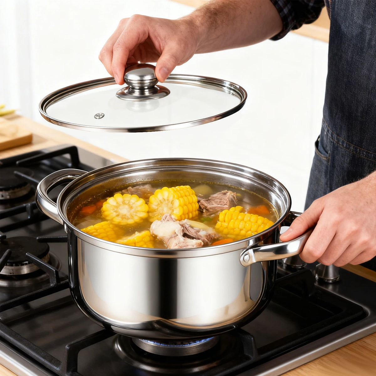 10 Piece Stainless Steel Cooking Pot Set with Glass Lids – 5 Pots 16cm to 24cm – Best for Boiling, Simmering & Family Meals