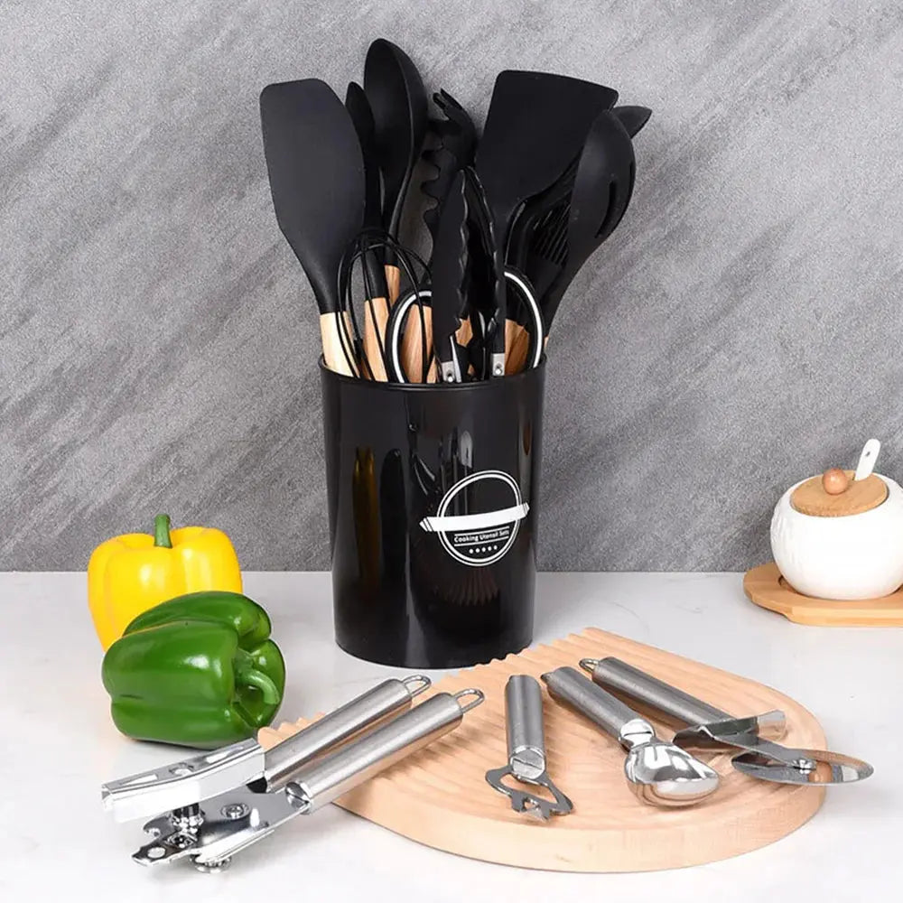 44-Piece Silicone Kitchen Utensils Set with Wooden Handles & Utensil Holder – Heat-Resistant, Food-Grade, Non-Stick Cooking  Utensils  Including Spatulas, Spoons, Turners, Tongs, Whisk, Grater, Scissors & Measuring Cups C for Chef