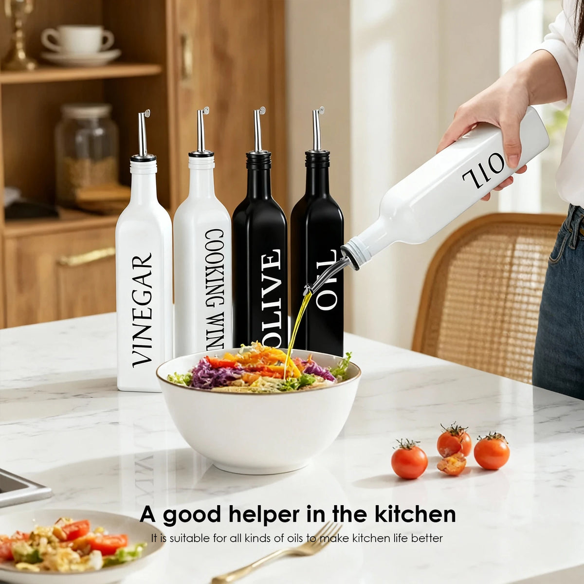 4 Pack Glass Oil Dispenser Bottles with Auto Open & Close Spouts – Leak-Proof 500ml Bottles with Funnel & Spare Caps – Ideal for Olive Oil, Soy Sauce & Vinegar