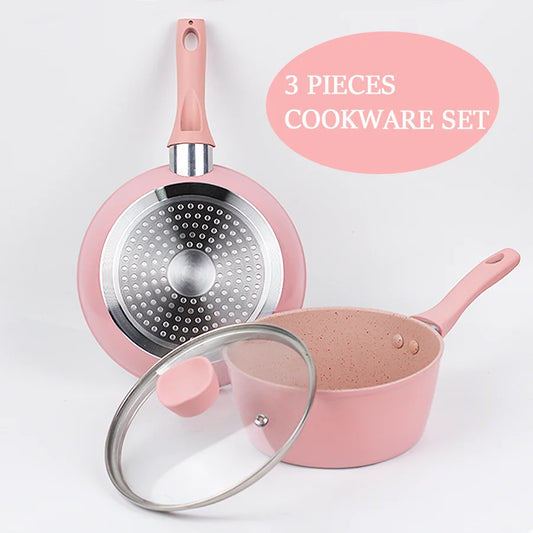 Pink 3-Piece Non-Stick Cookware Set – Aluminum Frying Pan & Saucepan with Reinforced Glass Lid – Compact Design for Home Kitchen Cooking – Works on Both Gas & Induction Stoves