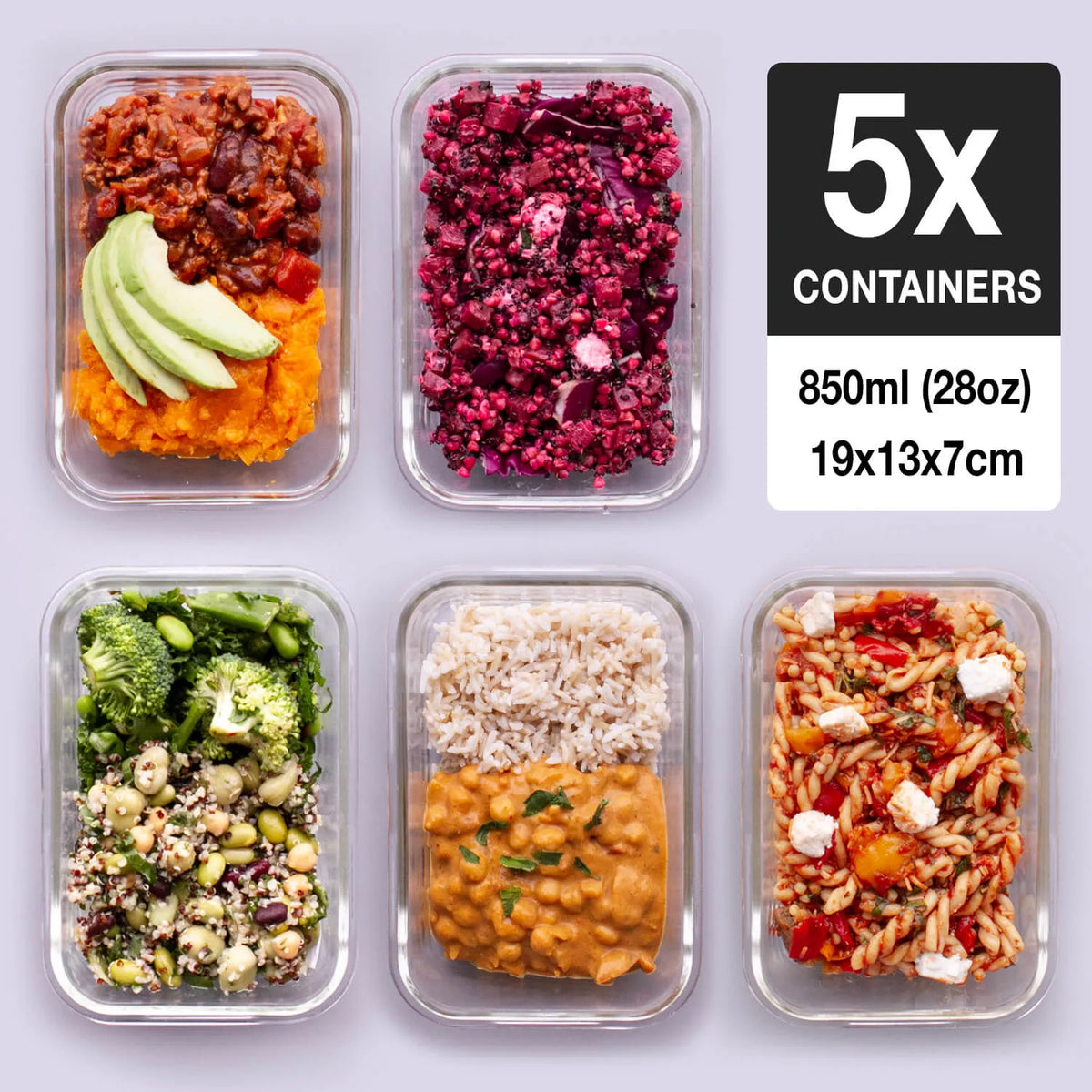 Glass Meal Prep Containers with Lids 5 Pack - 850ml Glass Food Storage & Lunch Containers, Borosilicate, Oven, Freezer &