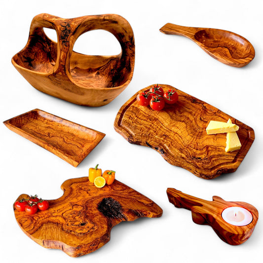 Olive Wood Tableware Bundle | Fruit Bowl, Serving Boards, Leaf Dishes, Rectangular Dish & Candle Holder
