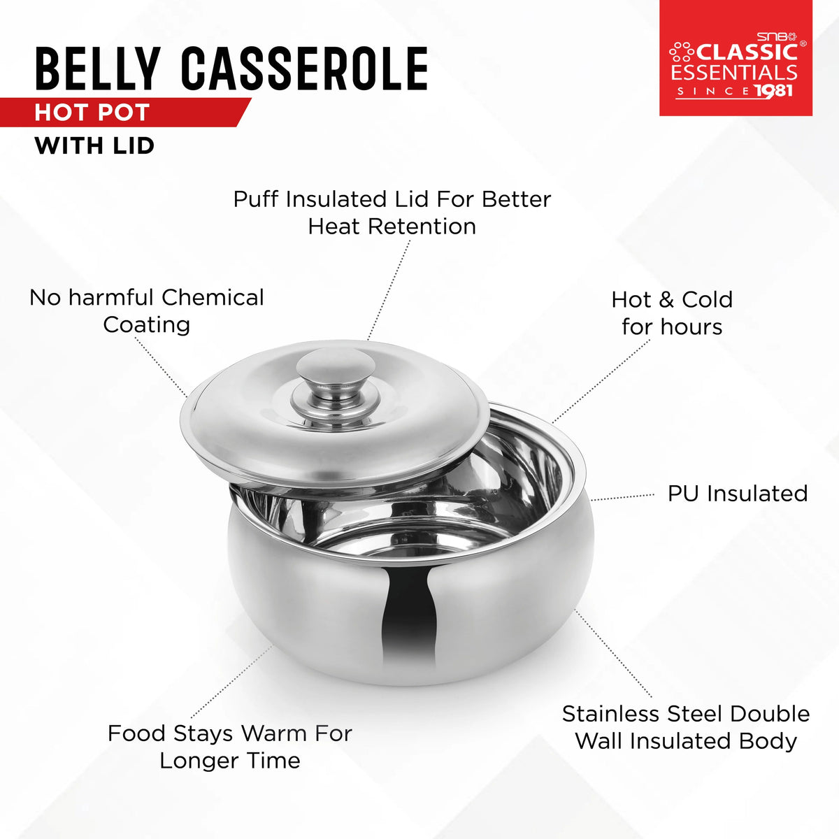 Belly Stainless Steel Tripot Hot-Pot Thermoware Insulated Casserole with Lid - 1500 ml