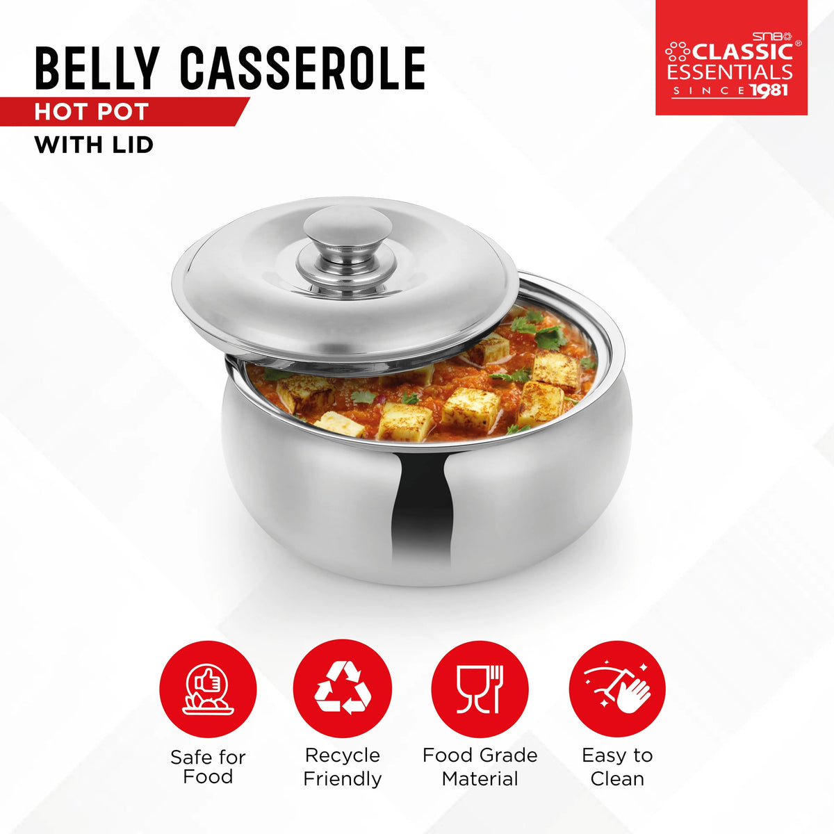 Belly Stainless Steel Tripot Hot-Pot Thermoware Insulated Casserole with Lid - 1500 ml