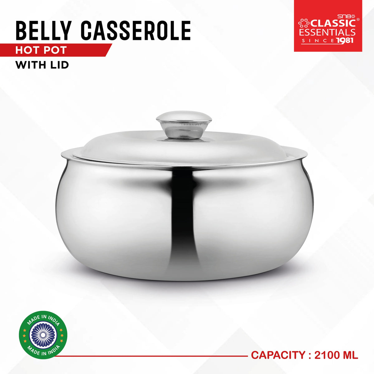Belly Stainless Steel Tripot Hot-Pot Thermoware Insulated Casserole with Lid - 1500 ml
