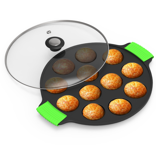 12 Pit Pre-Seasoned Cast Iron Paniyaram Pan With Silicon Handle & Glass Lid