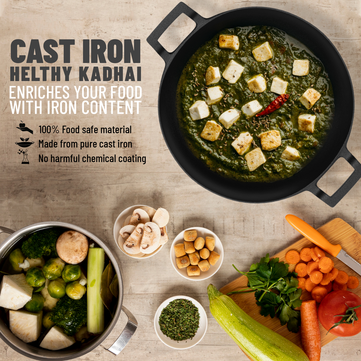 Pre Seasoned Cast Iron Kadhai With Silicon Handle Cover & Glass Lid