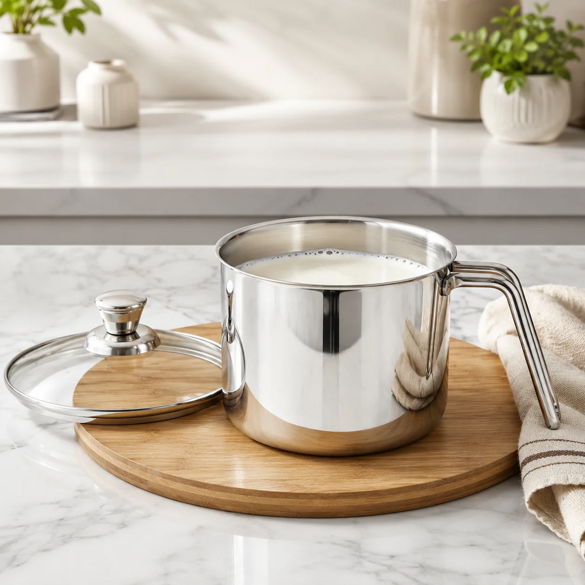 Triply Stainless Steel Milk Pot 2L 14 cm with Glass Lid