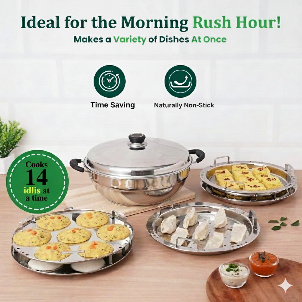 Stainless Steel Idli Maker/Momo Maker/Multi Kadai/Steamer Set, Large, 5 Plates, 2 Idli, 2 Dhokla