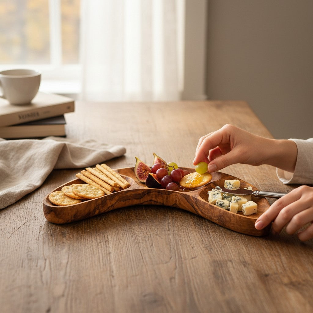 Olive Wood 3-Section Serving Bowl | Wooden Serving Platter & Snack Dish 30cm
