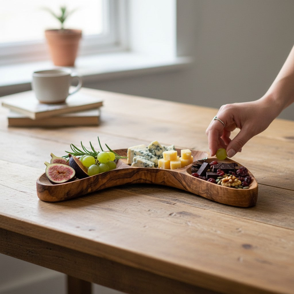 Olive Wood 3-Section Serving Bowl | Wooden Serving Platter & Snack Dish 30cm