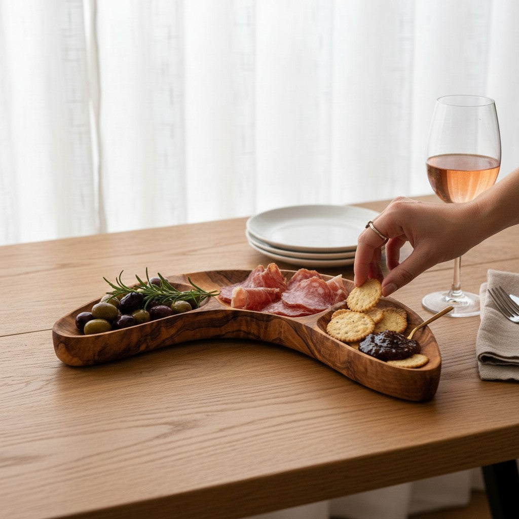 Olive Wood 3-Section Serving Bowl | Wooden Serving Platter & Snack Dish 30cm
