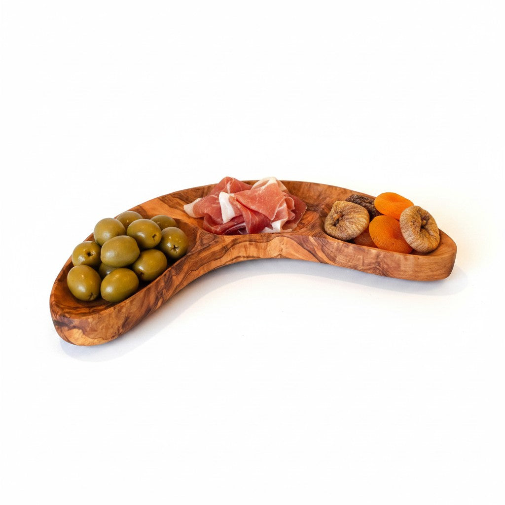 Olive Wood 3-Section Serving Bowl | Wooden Serving Platter & Snack Dish 30cm
