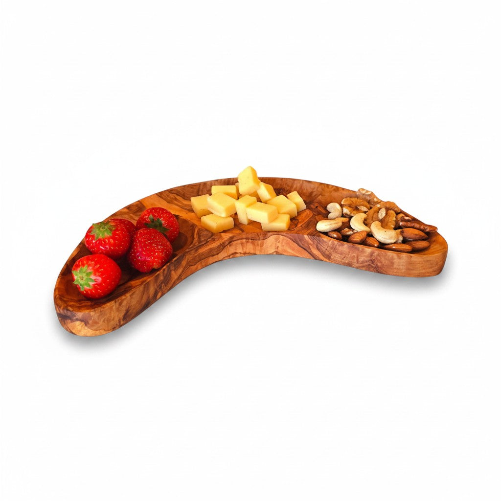 Olive Wood 3-Section Serving Bowl | Wooden Serving Platter & Snack Dish 30cm