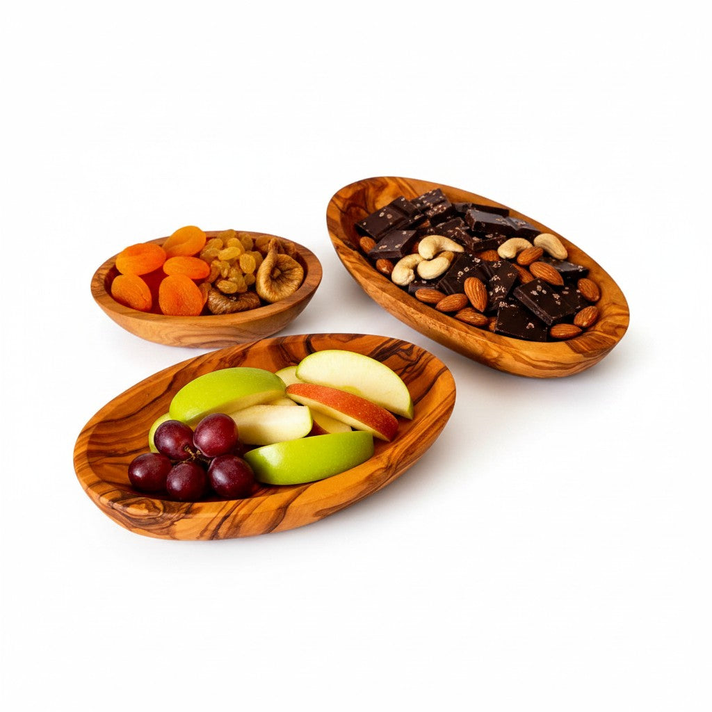 Handcrafted Olive Wood Oval Bowls Set of 3 | 10cm 13cm 16cm Nesting Dipping & Snack Trays