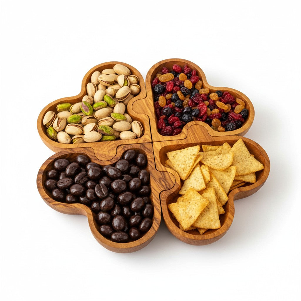 Olive Wood Puzzle Serving Set 4pc | Interlocking Clover Serving Board Tray
