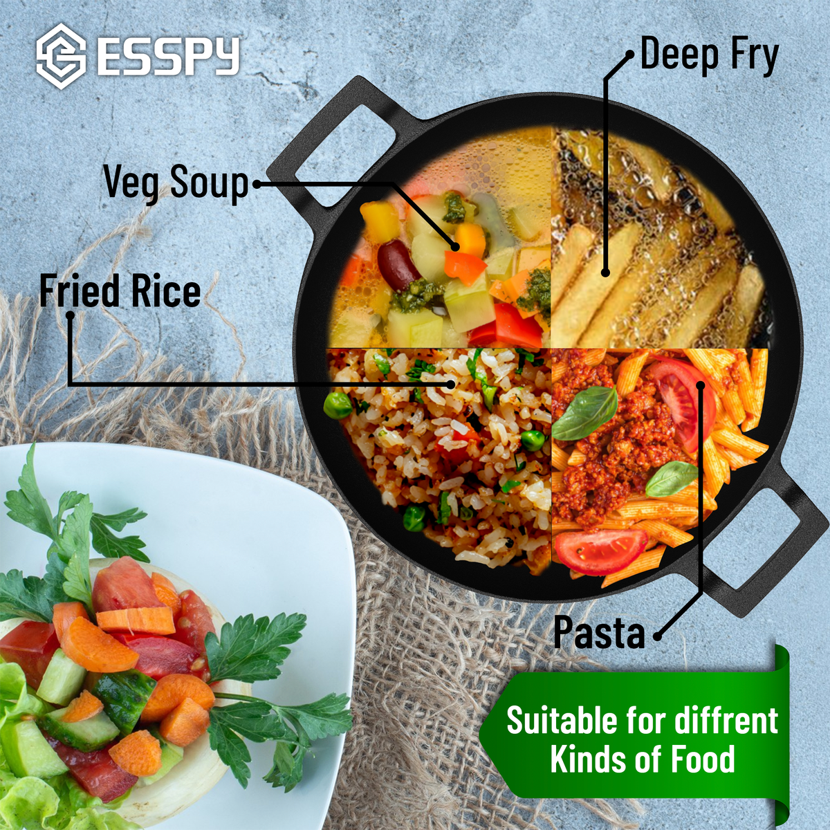 Pre Seasoned Cast Iron Kadhai With Silicon Handle Cover & Glass Lid