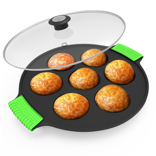 7 Pit Pre-Seasoned Cast Iron Paniyaram Pan With Silicon Handle & Glass Lid