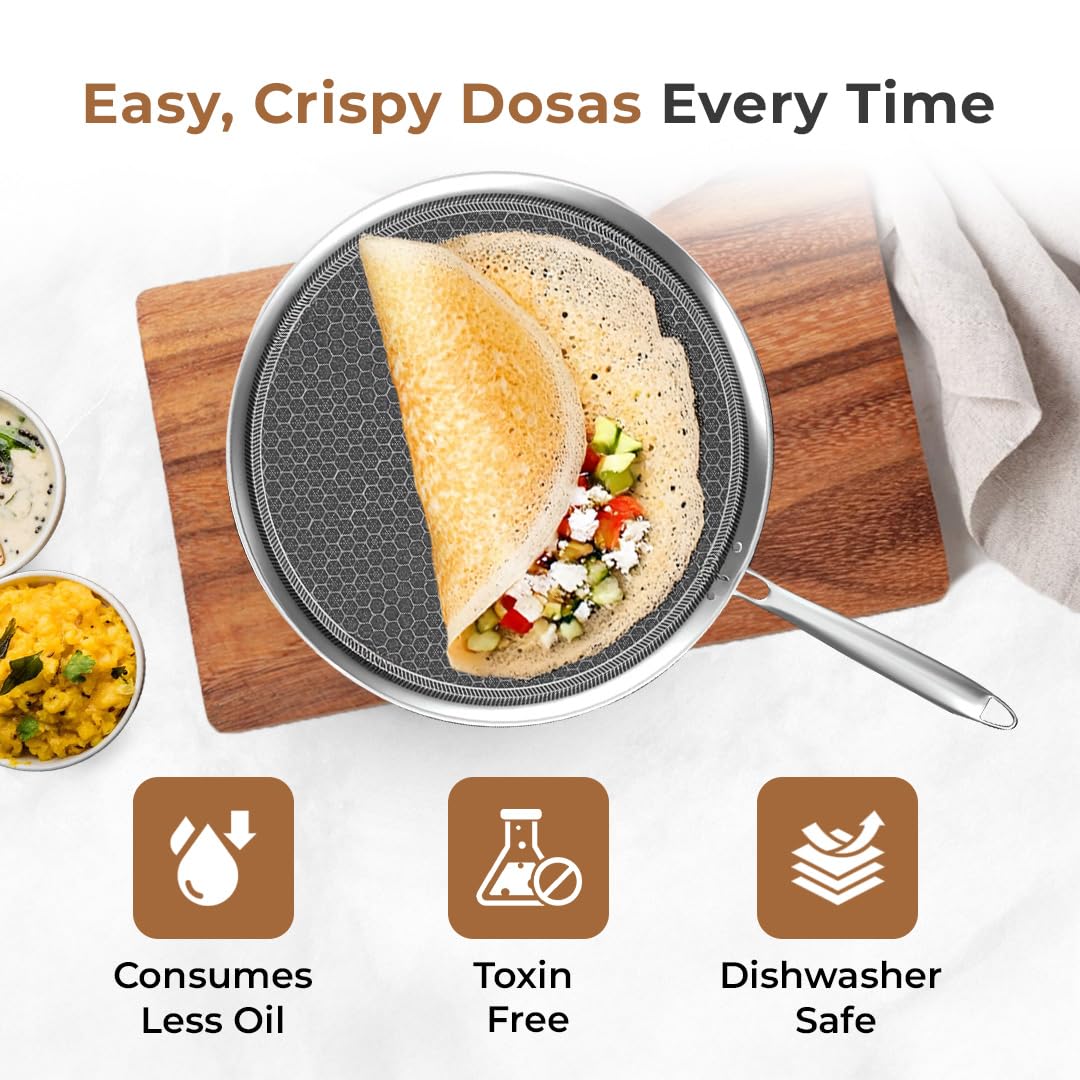 Tri-Ply HoneyComb 3-Pc Cookware Set 26 cm Fry Pan, 26 cm Kadai with Lid and 29 cm Dosa Tawa, Non-Stick