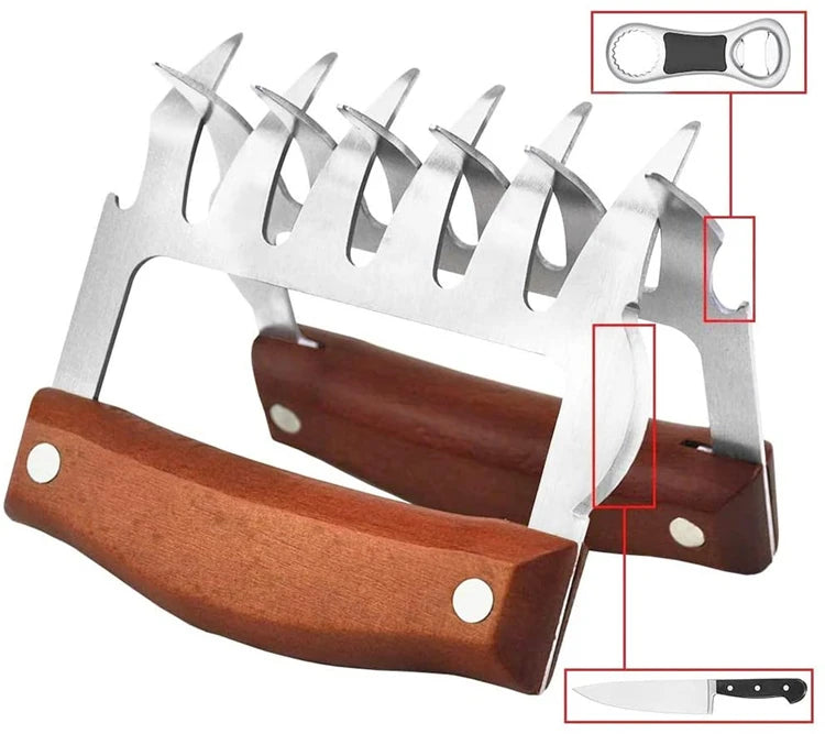 Stainless Steel BBQ Meat Shredder Claws with Wooden Handles – Pulled Meat Claws with Bottle Opener – Perfect for Shredding Chicken, Turkey & Beef – Available in 1 & 2 Pieces