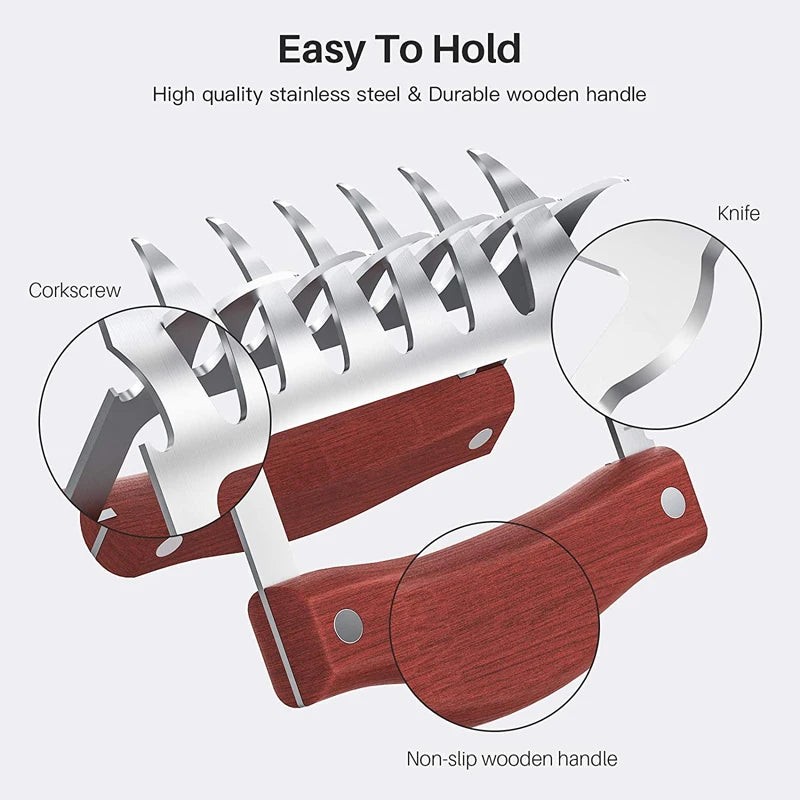 Stainless Steel BBQ Meat Shredder Claws with Wooden Handles – Pulled Meat Claws with Bottle Opener – Perfect for Shredding Chicken, Turkey & Beef – Available in 1 & 2 Pieces