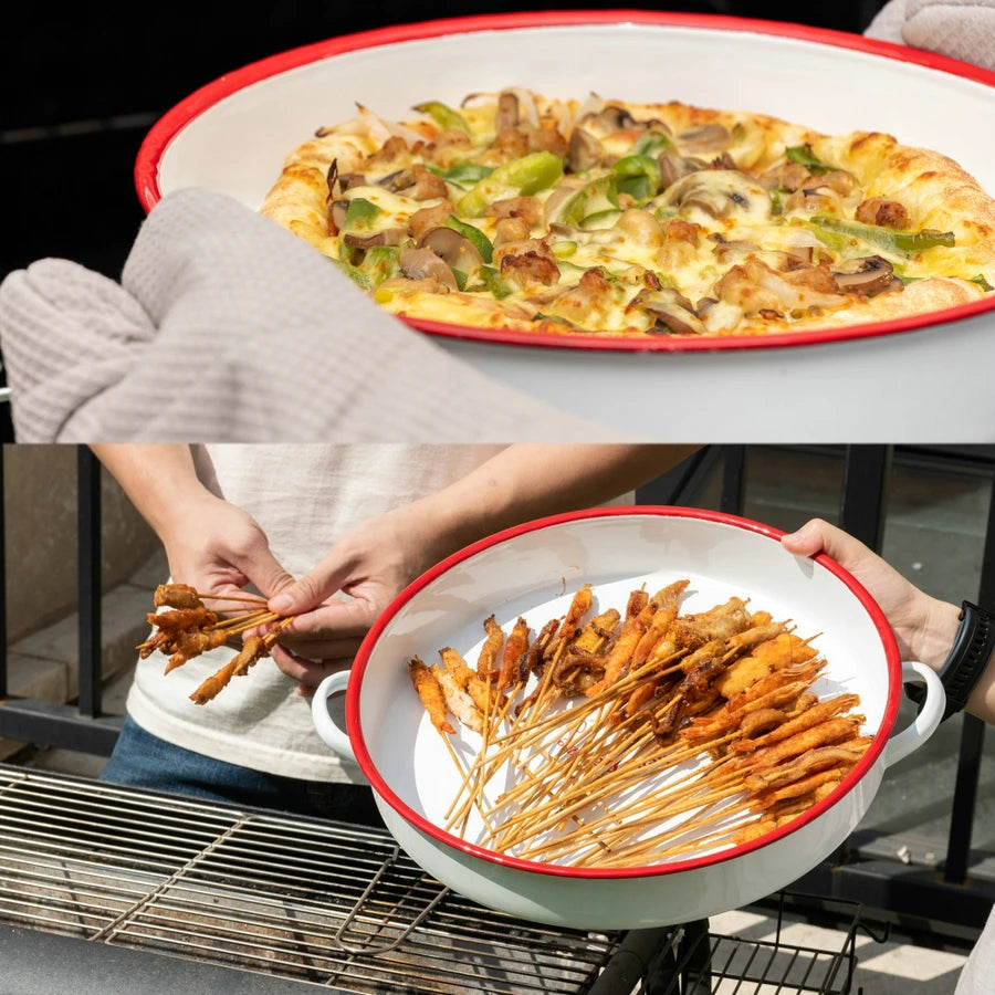 White & Red Enamel Baking Pan with Dual Side Handles – Deep Round Baking Dish for Baking, Roasting, and Serving, Oven & Induction Safe, 3 Sizes Available