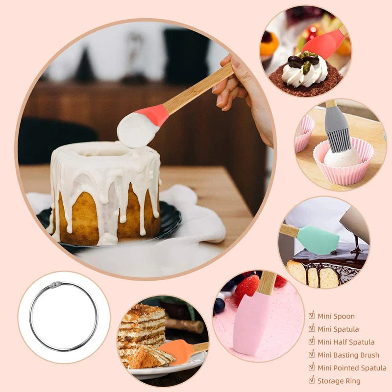 5 Piece Mini Silicone Spatula Set with Wooden Handles – Heat Resistant Non-Stick Scrapers – Best for Baking, Jars & Pastry