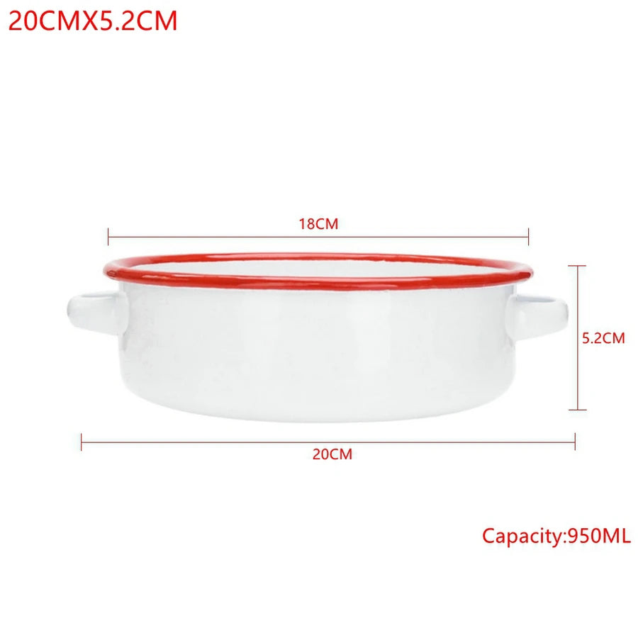 White & Red Enamel Baking Pan with Dual Side Handles – Deep Round Baking Dish for Baking, Roasting, and Serving, Oven & Induction Safe, 3 Sizes Available