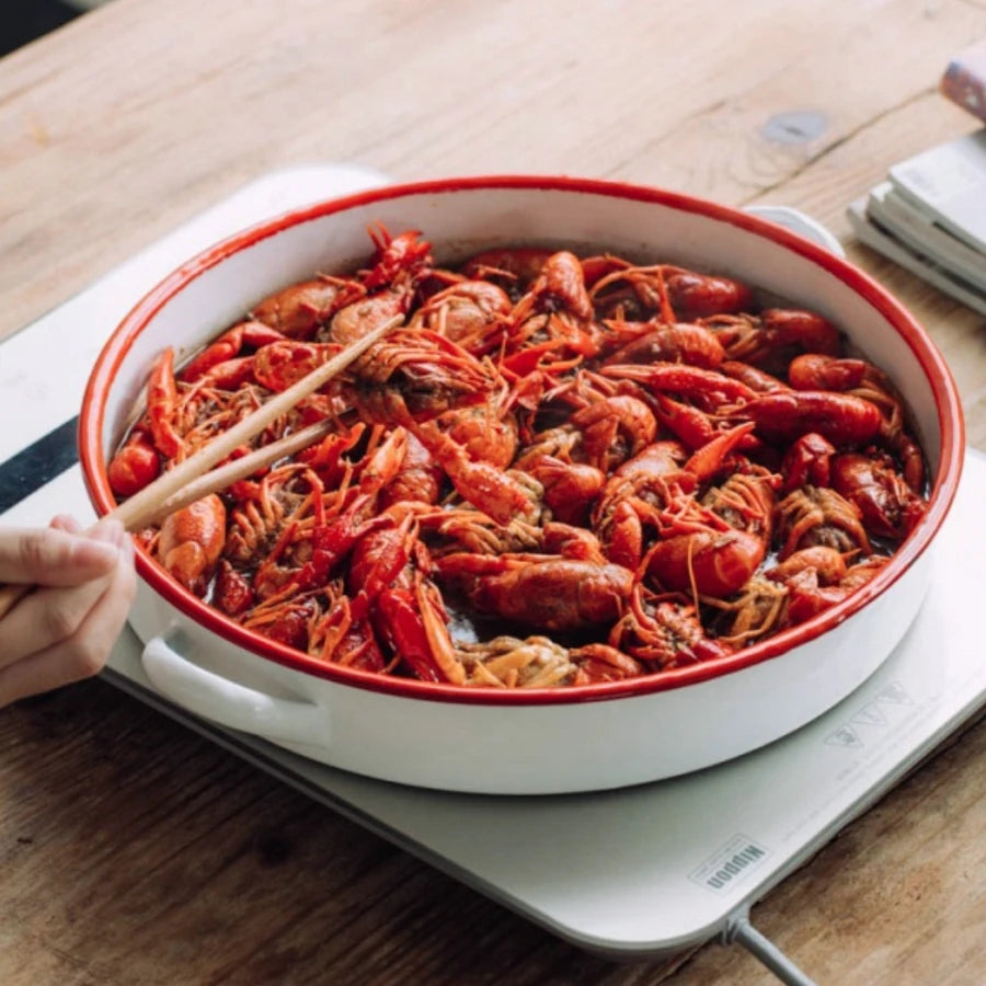 White & Red Enamel Baking Pan with Dual Side Handles – Deep Round Baking Dish for Baking, Roasting, and Serving, Oven & Induction Safe, 3 Sizes Available