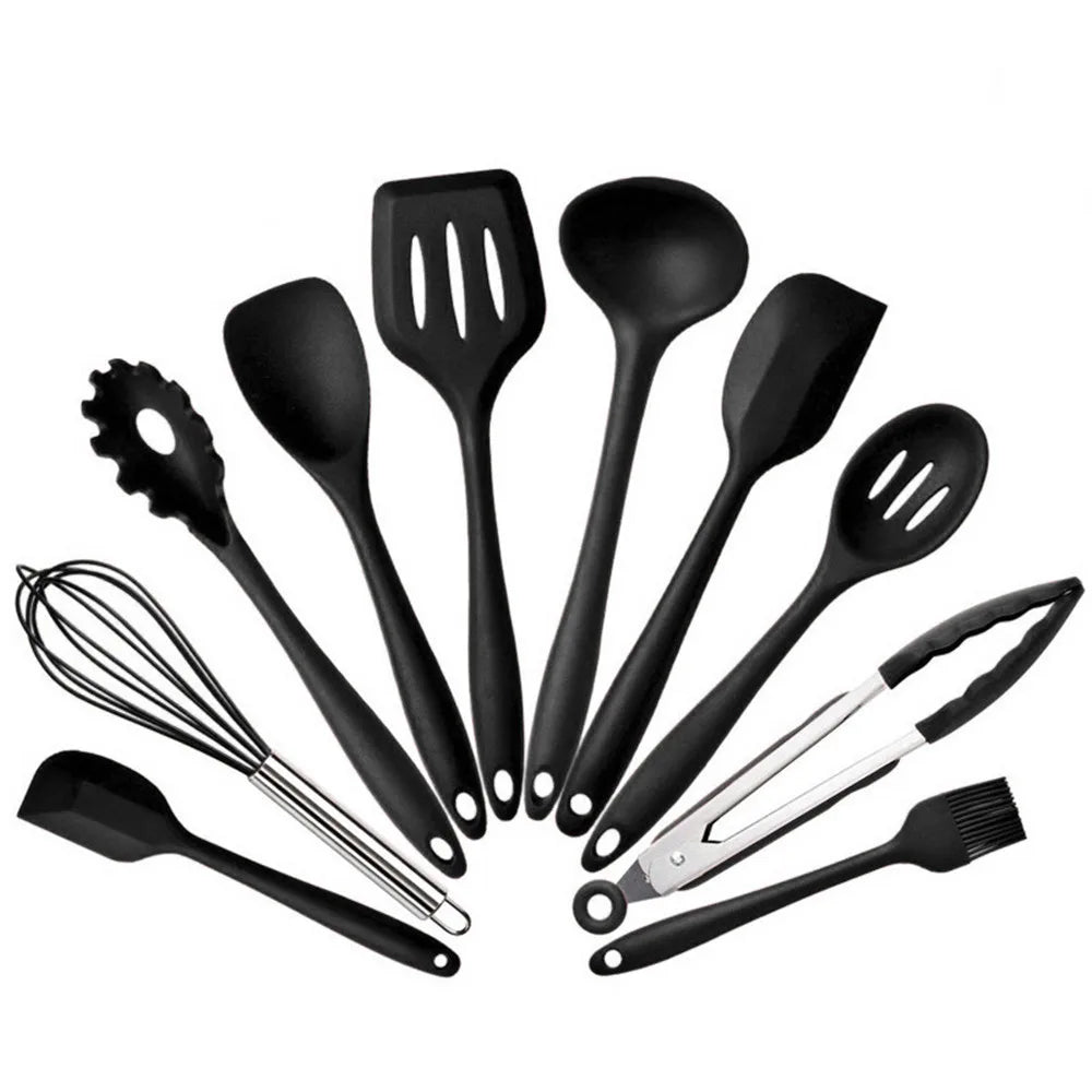 10-Piece Silicone Kitchen Utensils Set – Non-Stick, Heat-Resistant Cooking Utensils – Ideal for Daily Cooking– Available in Black, Light Green, Red, and Blue Colours.