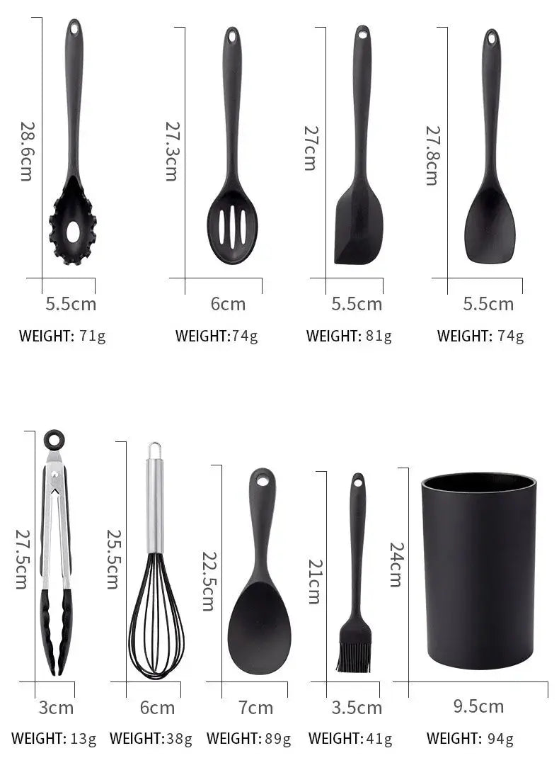 13-Piece Silicone Kitchen Utensils Set with Holder – Heat-Resistant Includes Holder, BPA-Free Non-Stick Cooking Utensils, Perfect for Everyday Cooking (Black)