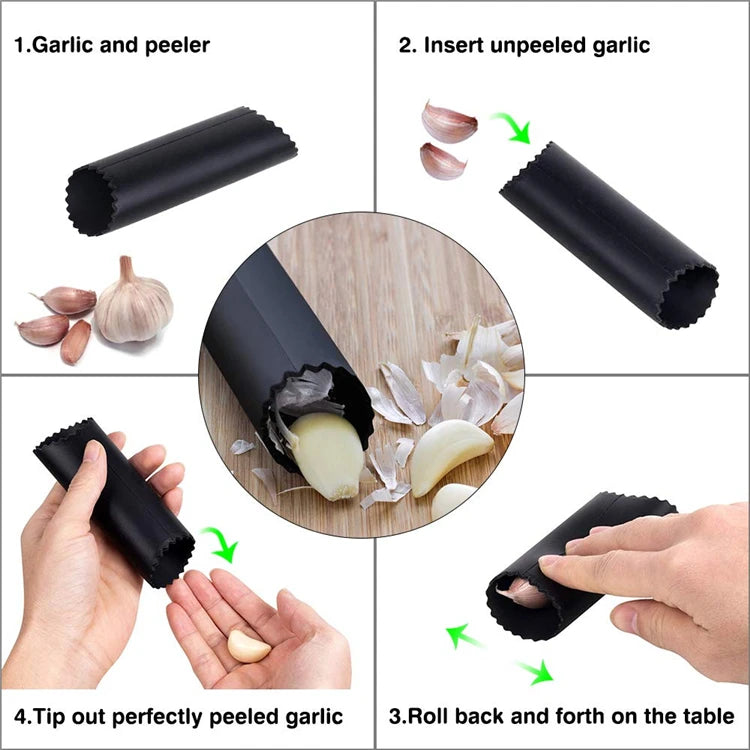 Stainless Steel Garlic Press with Silicone Garlic Peeler Roller – Rust Proof Garlic Mincer & Crusher Kit – Great for Crushing, Mincing & Peeling Garlic