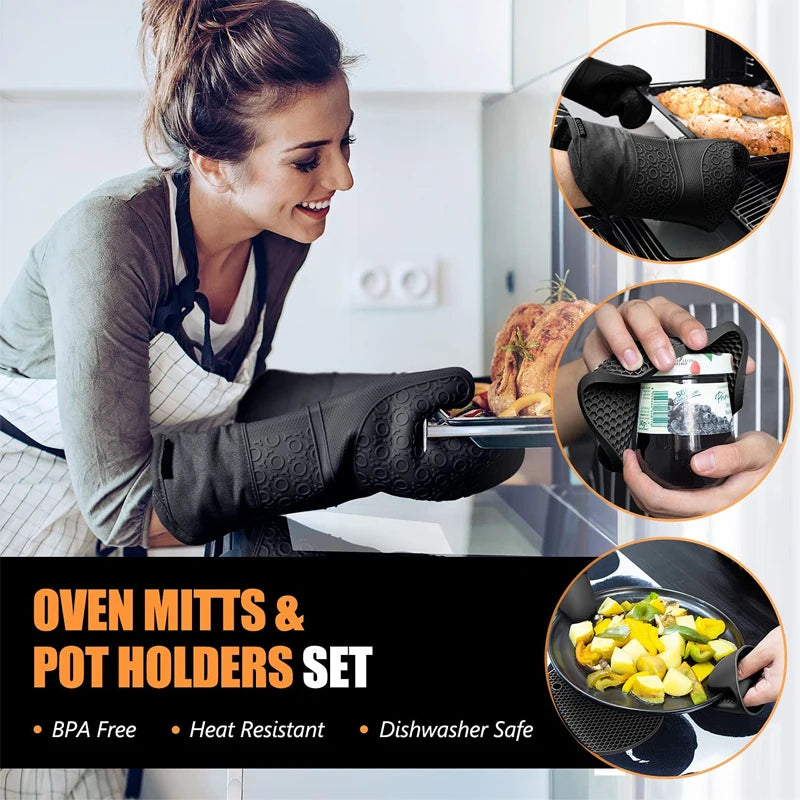 6 Piece Extra Long Silicone Oven Mitts & Pot Holders Set – Heat Resistant Cooking Gloves & Hot Pads – Perfect for Baking, Cooking & BBQ