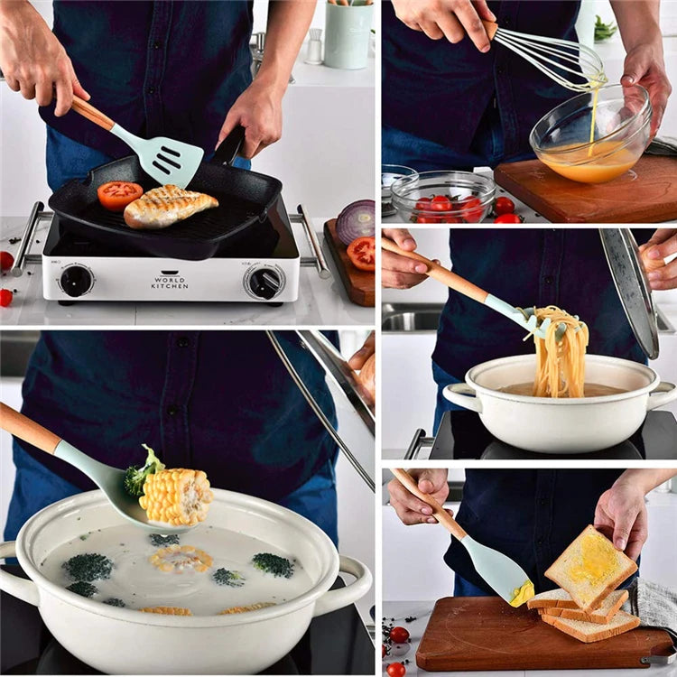 Heat Resistant Silicone Cooking Utensil with Wooden Handle – Up to 230°C Turner, Tongs, Spatula, Spoon, Brush & Whisk – Ideal for Nonstick Cookware