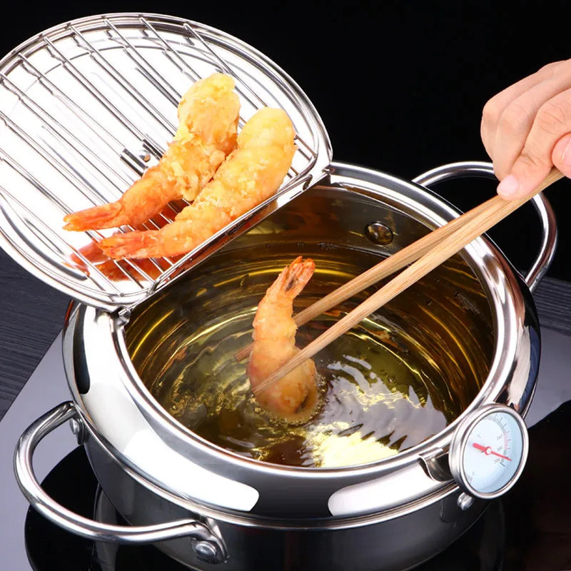 304 Stainless Steel Japanese Deep Frying Pot with Thermometer & Lid – Tempura Fryer Pan – Ideal for Tempura, Chips & Fried Chicken – Available in 20cm & 24cm