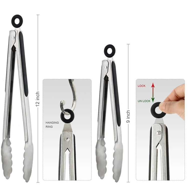 Stainless Steel Kitchen Tongs with Non-Slip Grip – Locking Grill & Salad Tongs – Perfect for BBQ, Steak & Serving Bread – Available in 9 Inch, 12 Inch, 14 Inch & 16 Inch