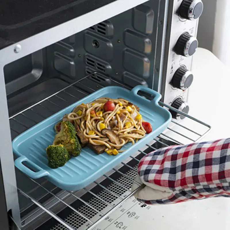 Rectangular Ceramic Baking Tray with Dual Handles – High-Temperature Resistant Porcelain Tray for Baking, Roasting, Chicken Wings, Vegetables, Desserts & Daily Meals – Non-Slip Bottom & Stackable Design for Oven, Microwave, Dishwasher & Refrigerator
