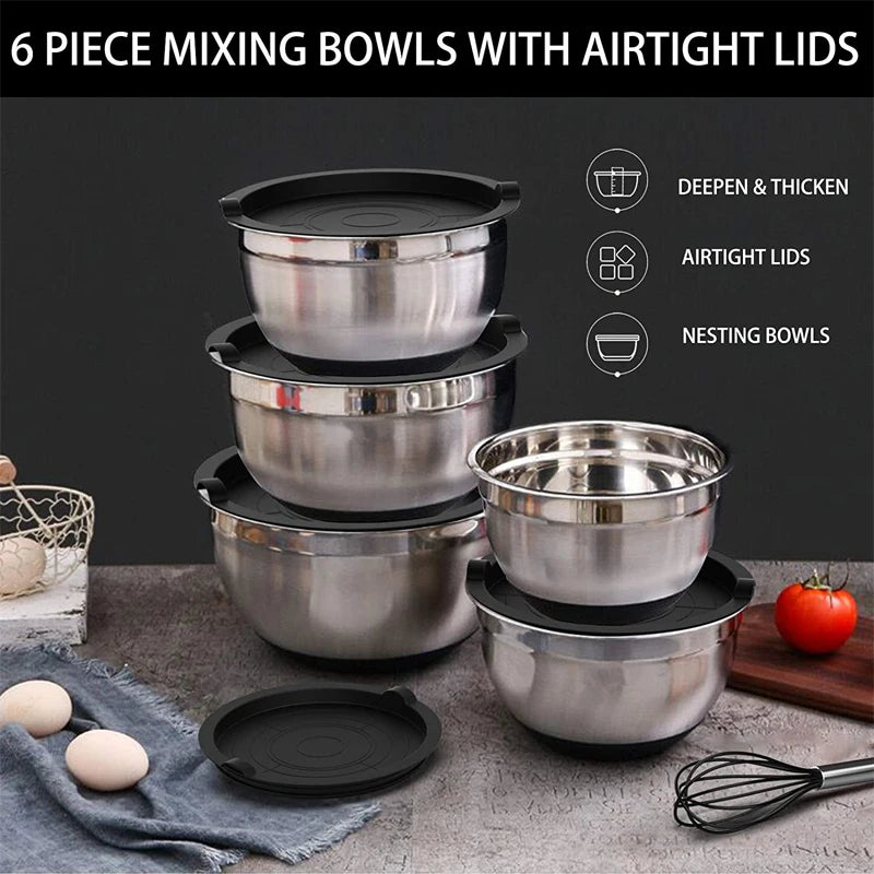 6 Piece Stainless Steel Mixing Bowl Set with Lids & Non-Slip Bases – Nesting Baking & Storage Bowls – Best for Baking, Salads & Food Prep