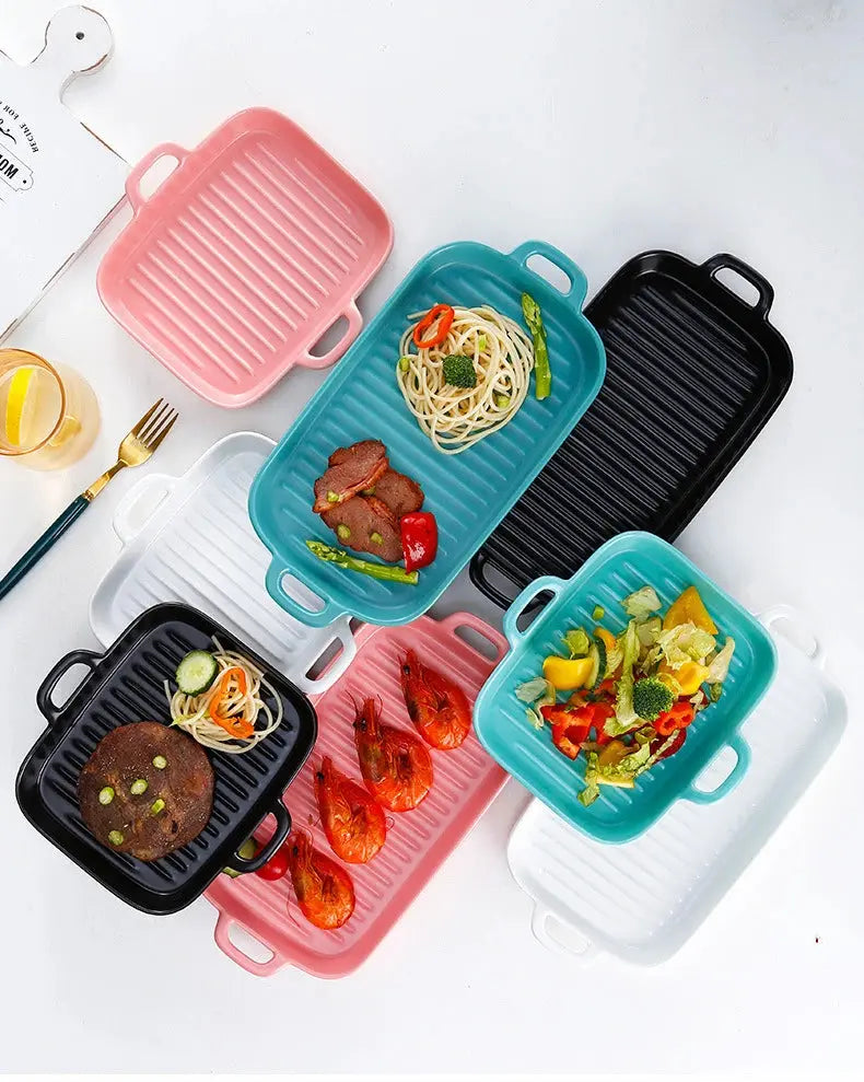 Rectangular Ceramic Baking Tray with Dual Handles – High-Temperature Resistant Porcelain Tray for Baking, Roasting, Chicken Wings, Vegetables, Desserts & Daily Meals – Non-Slip Bottom & Stackable Design for Oven, Microwave, Dishwasher & Refrigerator