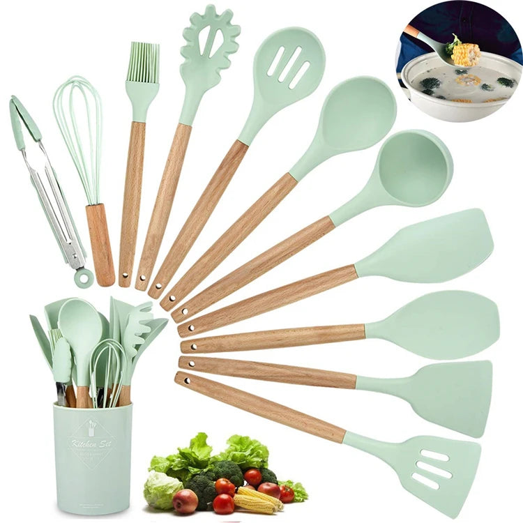 Heat Resistant Silicone Cooking Utensil with Wooden Handle – Up to 230°C Turner, Tongs, Spatula, Spoon, Brush & Whisk – Ideal for Nonstick Cookware