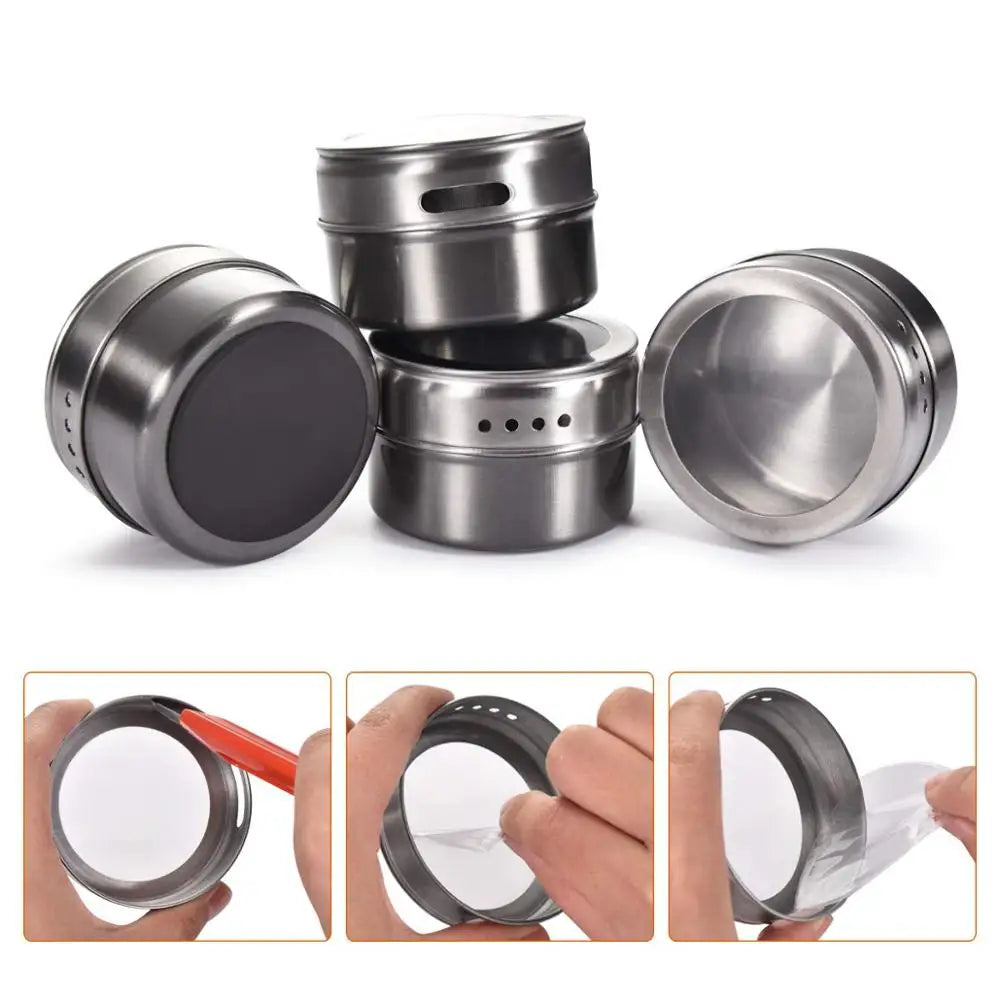 Magnetic Stainless Steel Spice Jar Set with Stickers – Spice Tins & Seasoning Containers – Perfect for Fridge & Metal Boards – Available in 9, 12 & 16 Pieces