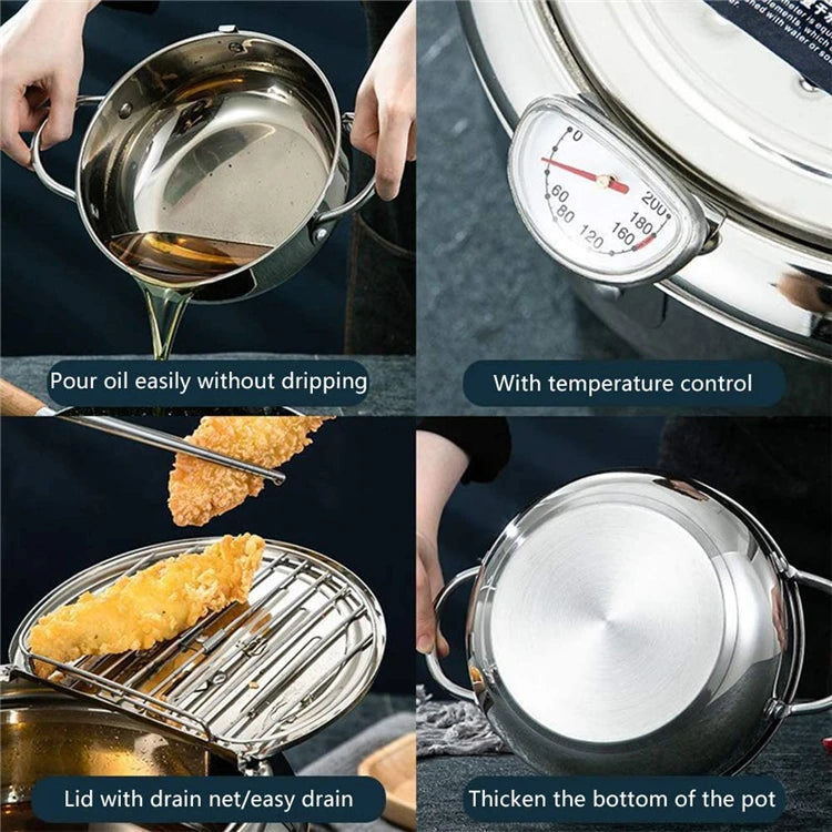 304 Stainless Steel Japanese Deep Frying Pot with Thermometer & Lid – Tempura Fryer Pan – Ideal for Tempura, Chips & Fried Chicken – Available in 20cm & 24cm