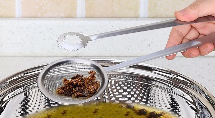 Stainless Steel Frying Oil Strainer Tong Clip – Fine Mesh Filter Spoon & Food Tongs – Best for Frying, Blanching & Serving