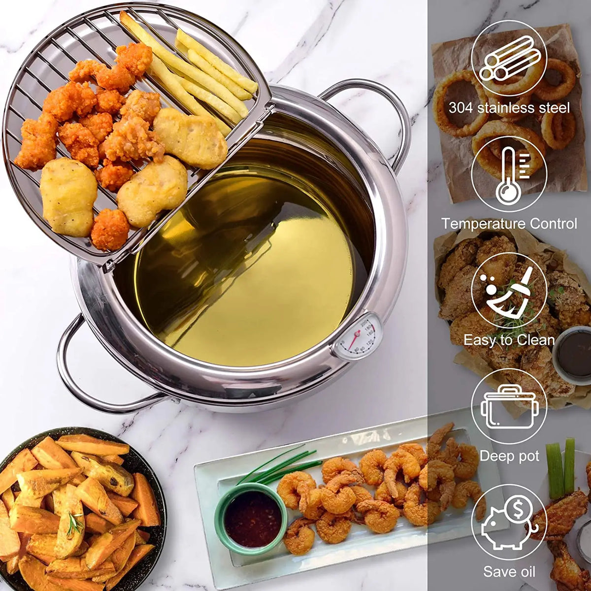 304 Stainless Steel Japanese Deep Frying Pot with Thermometer & Lid – Tempura Fryer Pan – Ideal for Tempura, Chips & Fried Chicken – Available in 20cm & 24cm