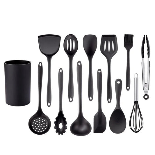 13-Piece Silicone Kitchen Utensils Set  with Holder  – Heat-Resistant Includes Holder, BPA-Free Non-Stick Cooking Utensils, Perfect for Everyday Cooking (Black)