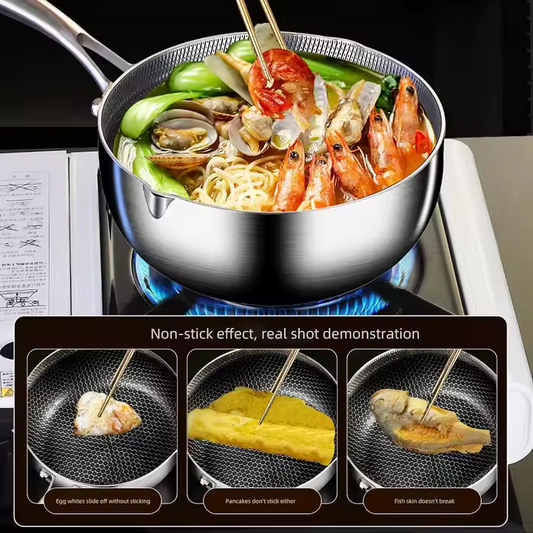 Honeycomb Stainless Steel Saucepan with Lid – 316 Non-Stick Multipurpose Cooking Pot for Sauces, Frying, Searing, and Daily Meals – Flat Bottom for Gas & Induction – Available in 18cm, 20cm, 22cm, 24cm