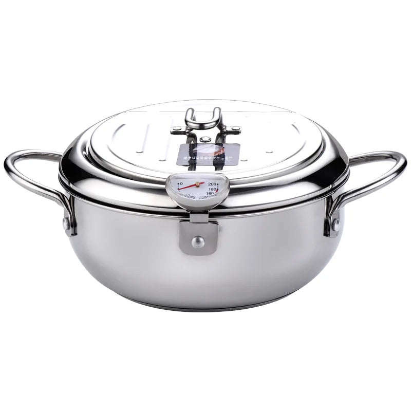 304 Stainless Steel Japanese Deep Frying Pot with Thermometer & Lid – Tempura Fryer Pan – Ideal for Tempura, Chips & Fried Chicken – Available in 20cm & 24cm