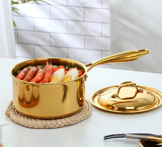 Golden Stainless Steel Saucepan with Lid & Long Handle – 3-Layer Base Cooking Pot for Boiling Milk, Soups, Sauces & Daily Meals – Heat-Resistant Grip – Induction & Gas Stove Compatible – 2.4L (18cm