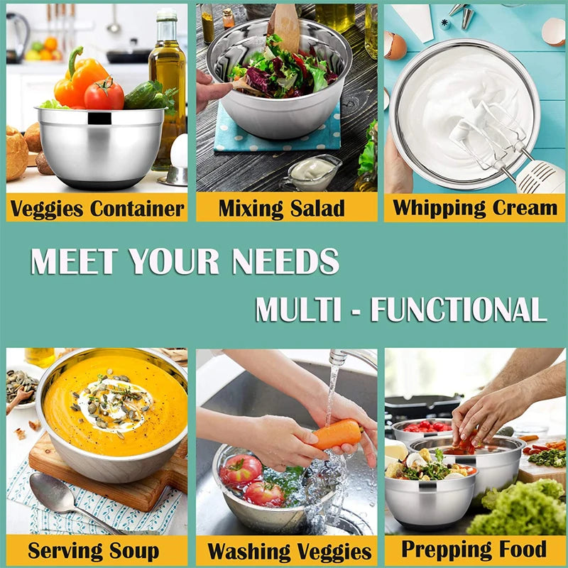 6 Piece Stainless Steel Mixing Bowl Set with Lids & Non-Slip Bases – Nesting Baking & Storage Bowls – Best for Baking, Salads & Food Prep